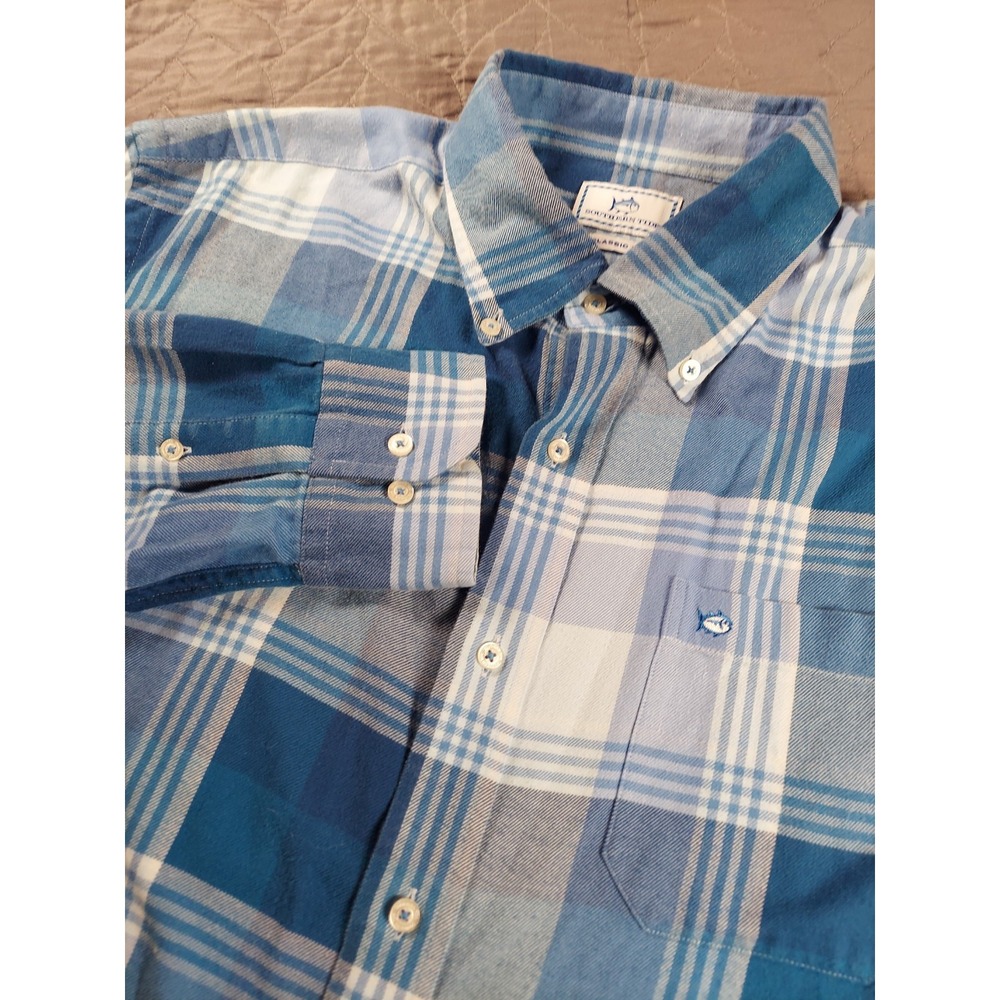 Southern Tide Button Up Flannel Shirt Mens Large Blue Plaid Classic Fit Comfort